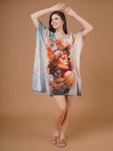 Feminity Digital Printed Feather silk Fabric Kaftan Midi Dress