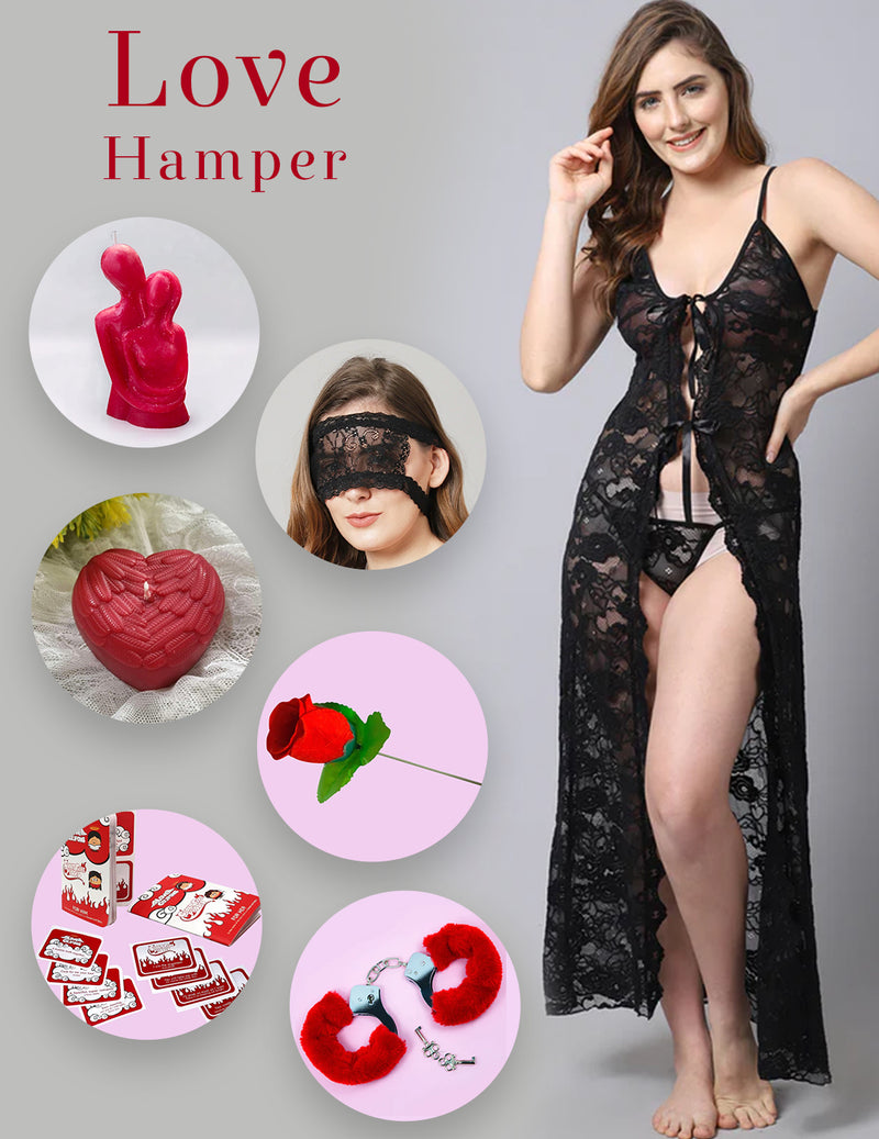 Love hamper Lace long babydoll gown- Black