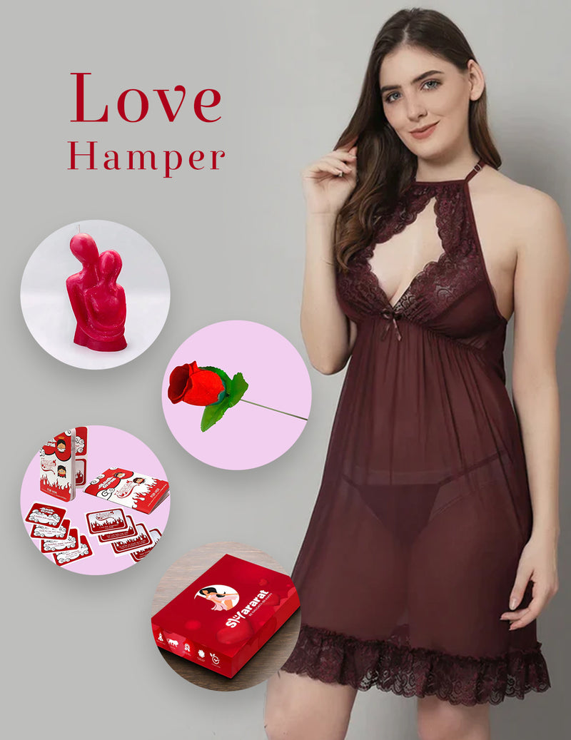 Love hamper Lace Above Knee Babydoll Dress - Wine
