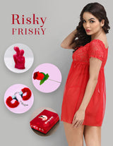 Risky-frisky nights Hamper Lace Above Knee Babydoll Dress- Red
