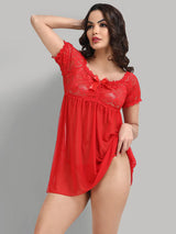 Risky-frisky nights Hamper Lace Above Knee Babydoll Dress- Red