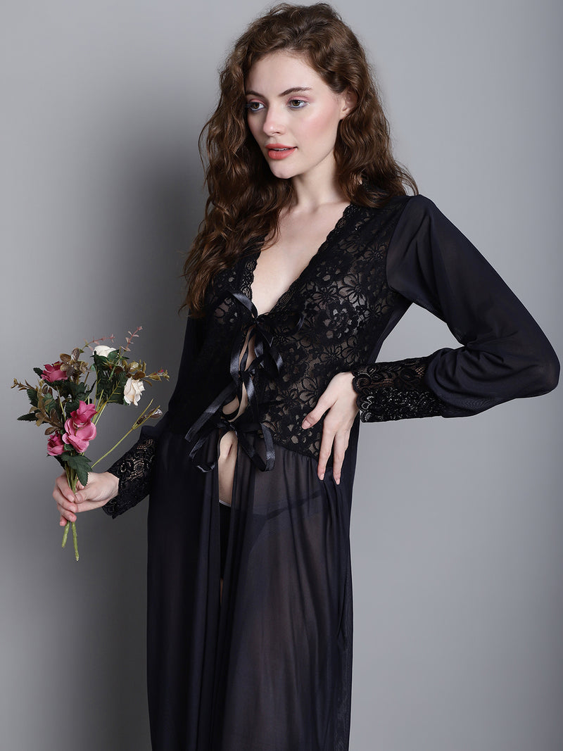 Women's Lace Ankle length Baby Doll Dress/ Nightwear Lingerie -  Black