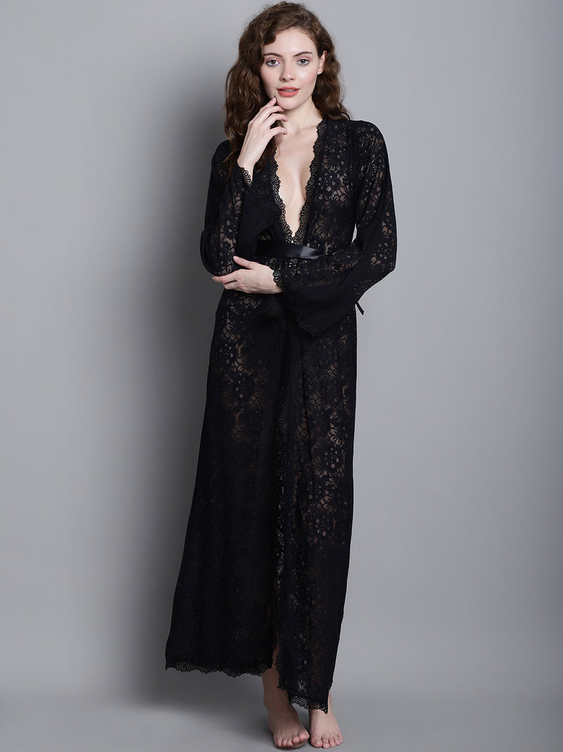 Fully Intricate Lacy Robe -  Black