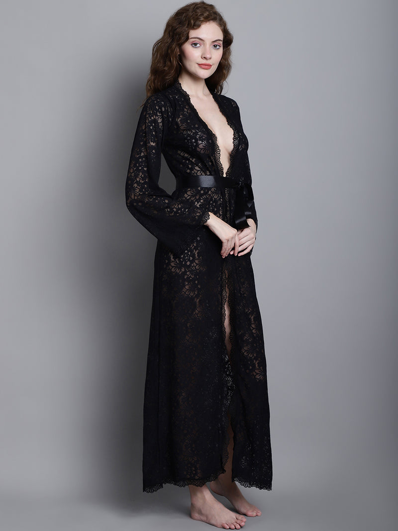 Fully Intricate Lacy Robe - Black