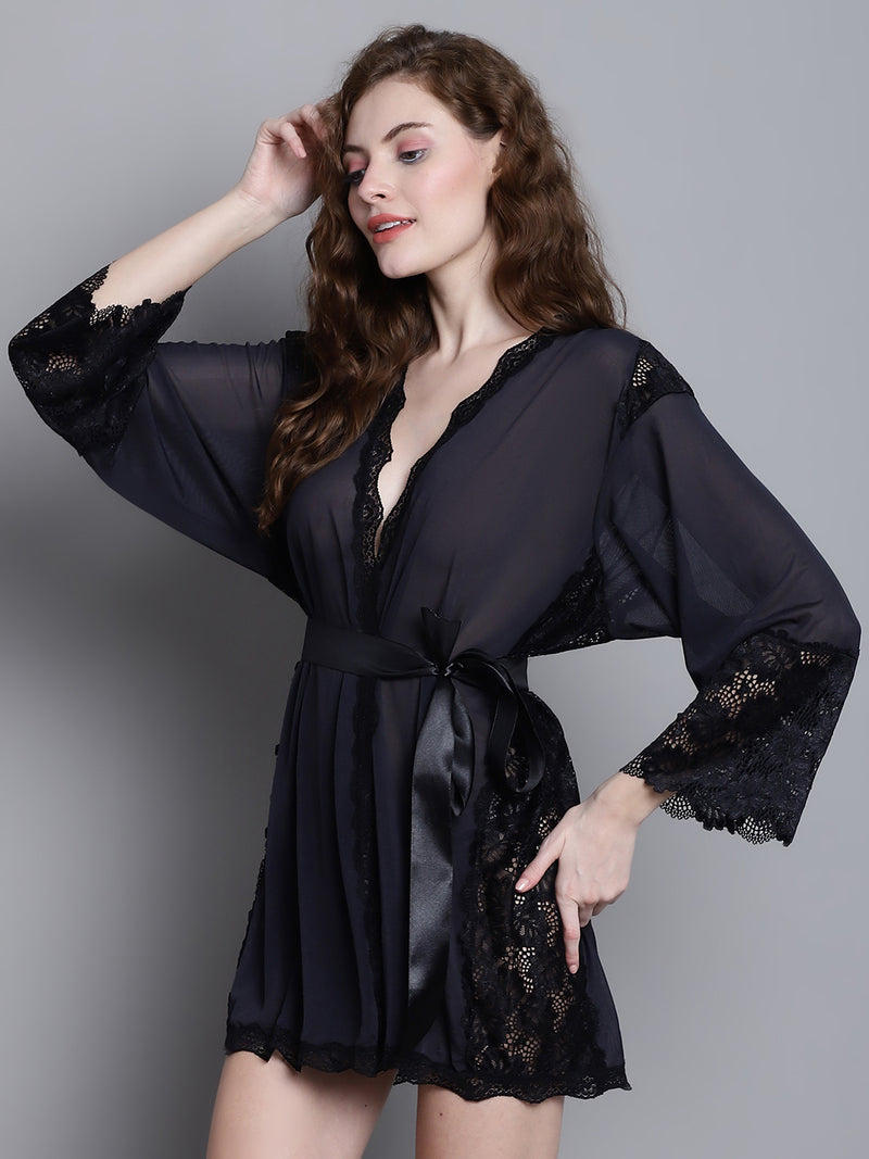 Women's Black Above Knee Lace Baby Doll Dress/ Robe/Nightwear Lingerie