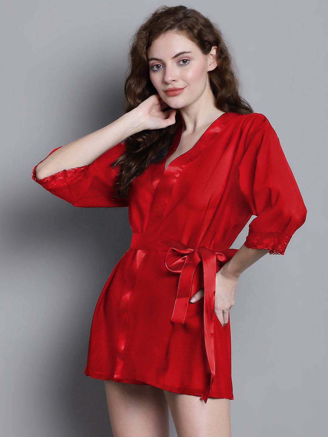 Overall Net With Satin Lace Robe-Red