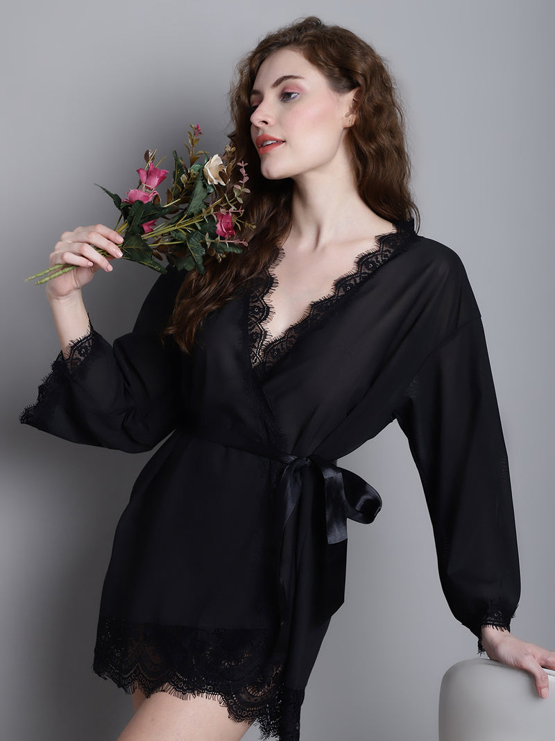 Women's Black Above Knee Lace Baby Doll Dress/ Robe/Nightwear Lingerie