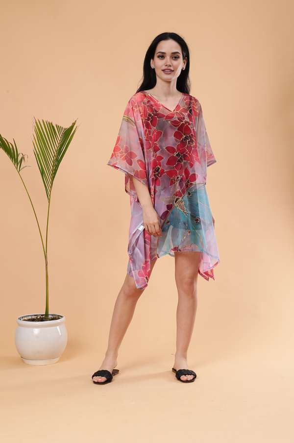 Floral Digital Printed Feather silk Fabric Kaftan Midi Dress