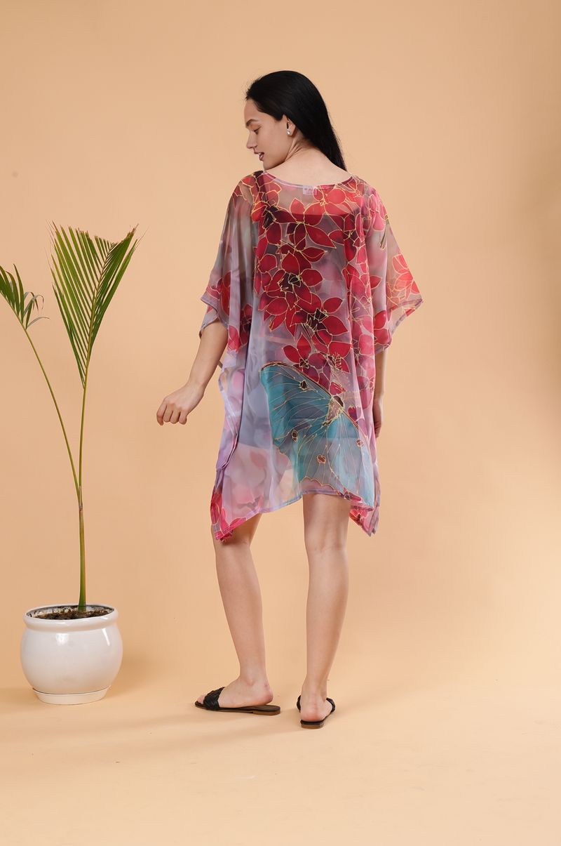 Floral Digital Printed Feather silk Fabric Kaftan Midi Dress