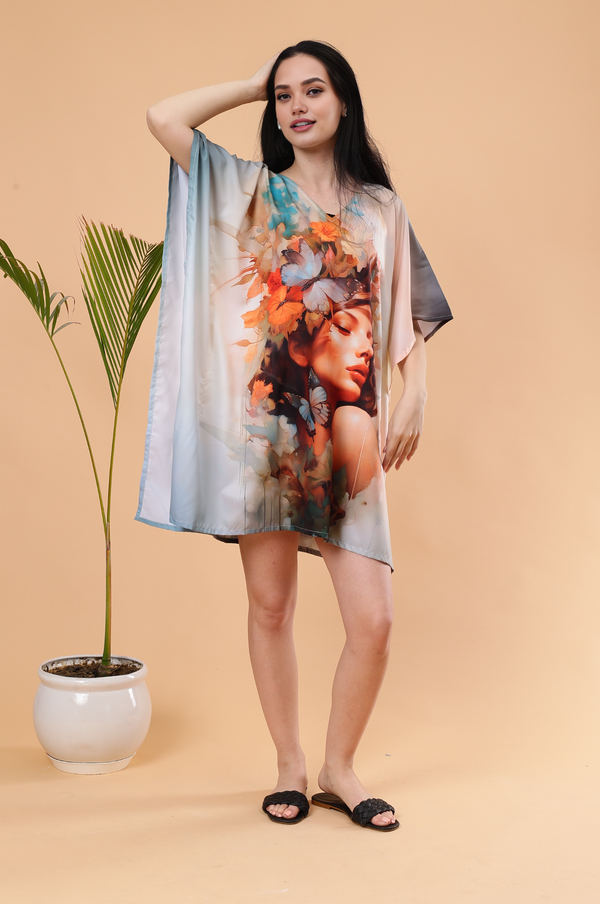 Feminity Digital Printed Feather silk Fabric Kaftan Midi Dress