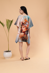 Feminity Digital Printed Feather silk Fabric Kaftan Midi Dress