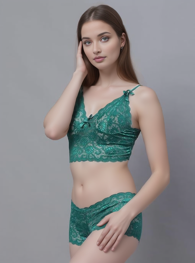 Green Lace Bra & Panty Lingerie Set by Shararat