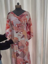 Digital Printed Feather Silk Fabric Kaftan Midi Dress