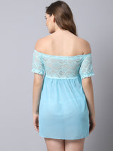 Babydoll Off-Shoulder Lacy And Net Dress - Ice Blue