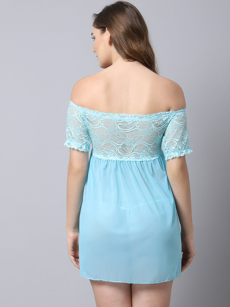 Babydoll Off-Shoulder Lacy And Net Dress - Ice Blue