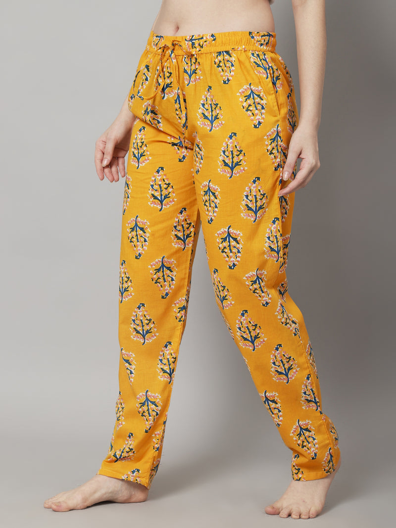 Women's Floral Cotton Pyjama Bottom/ Lounge Pants -Yellow