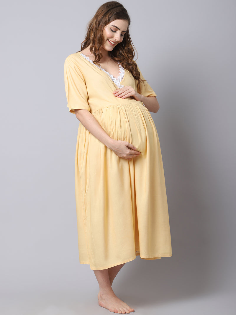 Women's Rayon Pre and Post Maternity/Feeding Dress - Beige