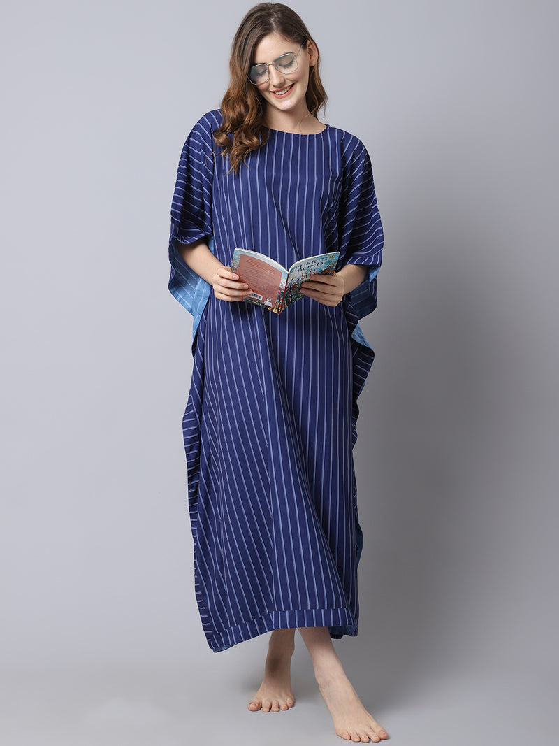 Women's Georgette Printed Kaftan Nighty/ Night Gown -Blue