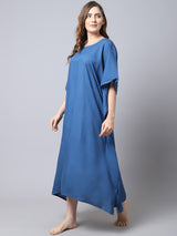 Women's Rayon Solid Kaftan Nighty/ Night Gown - Blue