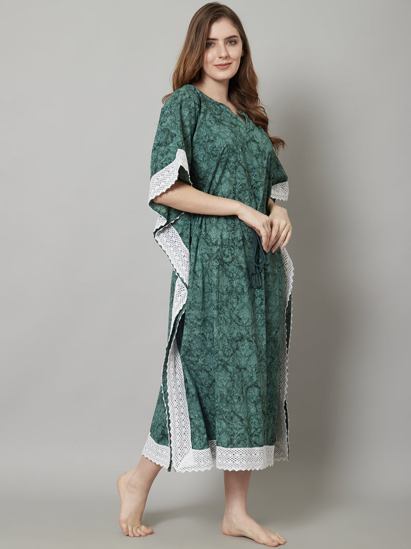 Women's Green Cotton Floral Print Long Kaftan With Lace