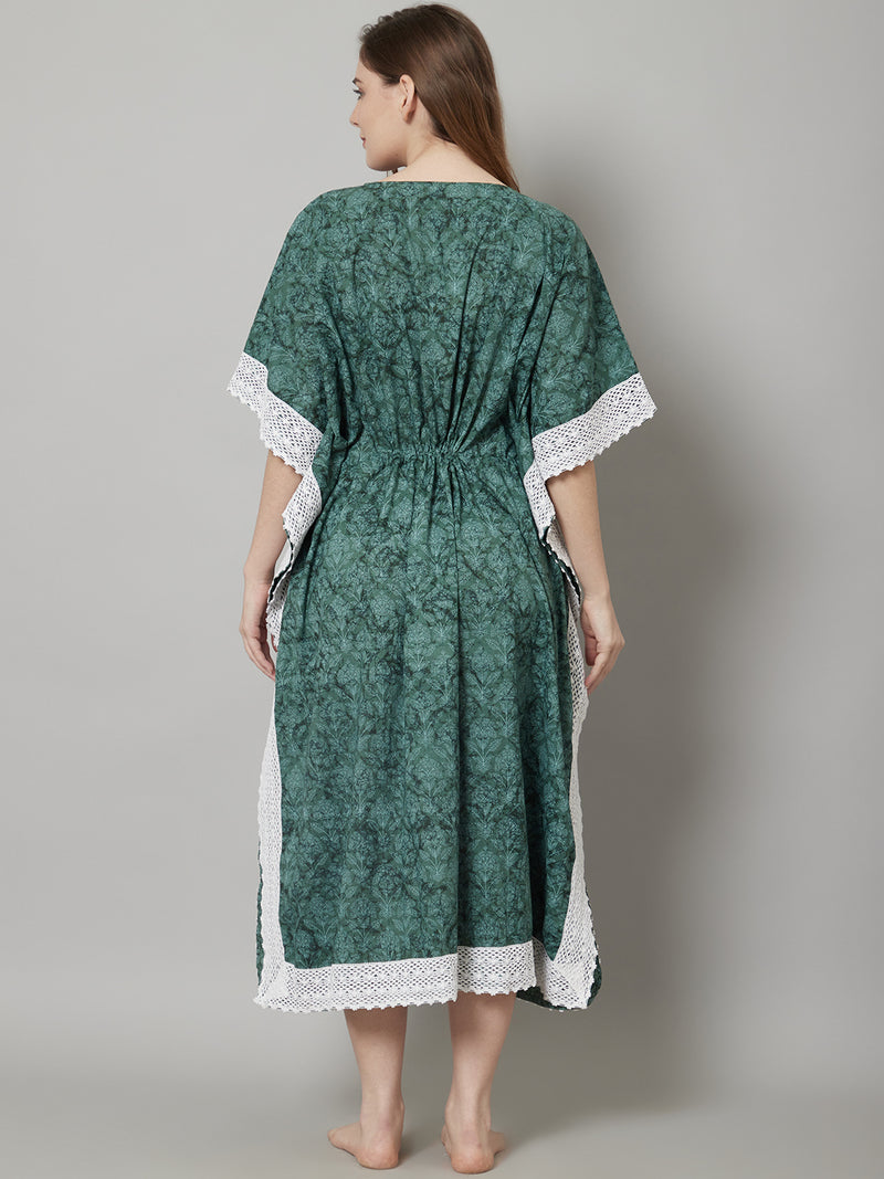 Green Cotton Floral Print Long Kaftan With Lace