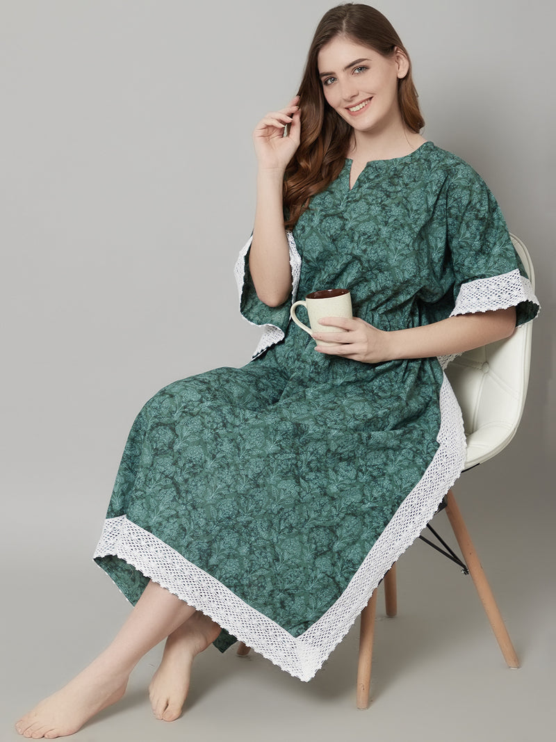 Women's Green Cotton Floral Print Long Kaftan With Lace