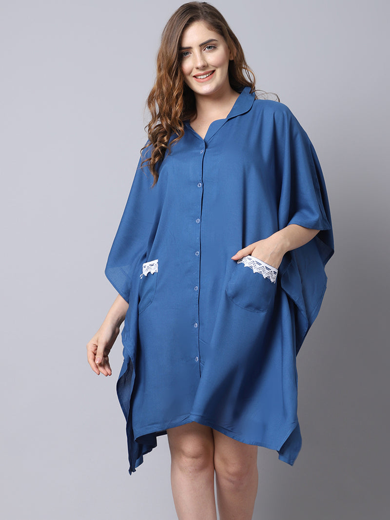 Women's Rayon Solid Short Kaftan Nighty/Loungwear- Blue