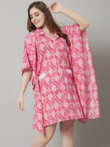 Women's Cotton Printed Short Kaftan Nighty/Loungewear- Pink