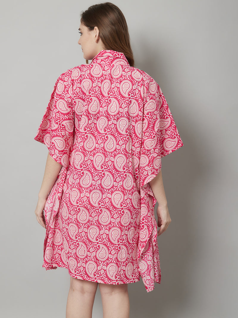 Women's Cotton Printed Short Kaftan Nighty/Loungewear- Pink