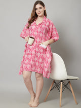 Women's Cotton Printed Short Kaftan Nighty/Loungewear- Pink