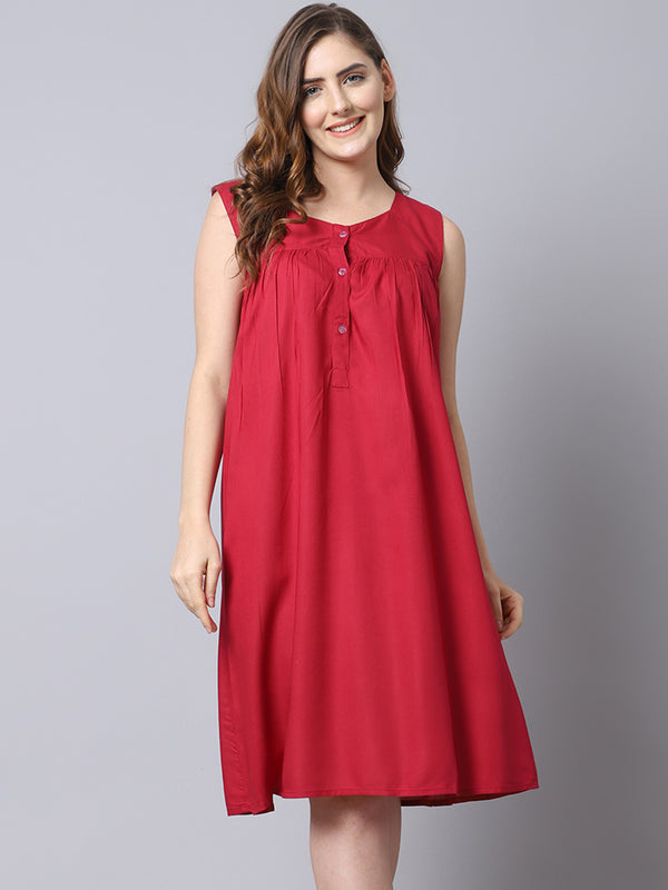 Solid Front Buttons Night Dress - Red