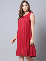 Women's Rayon Solid Night Dress with Front Buttons  -Red