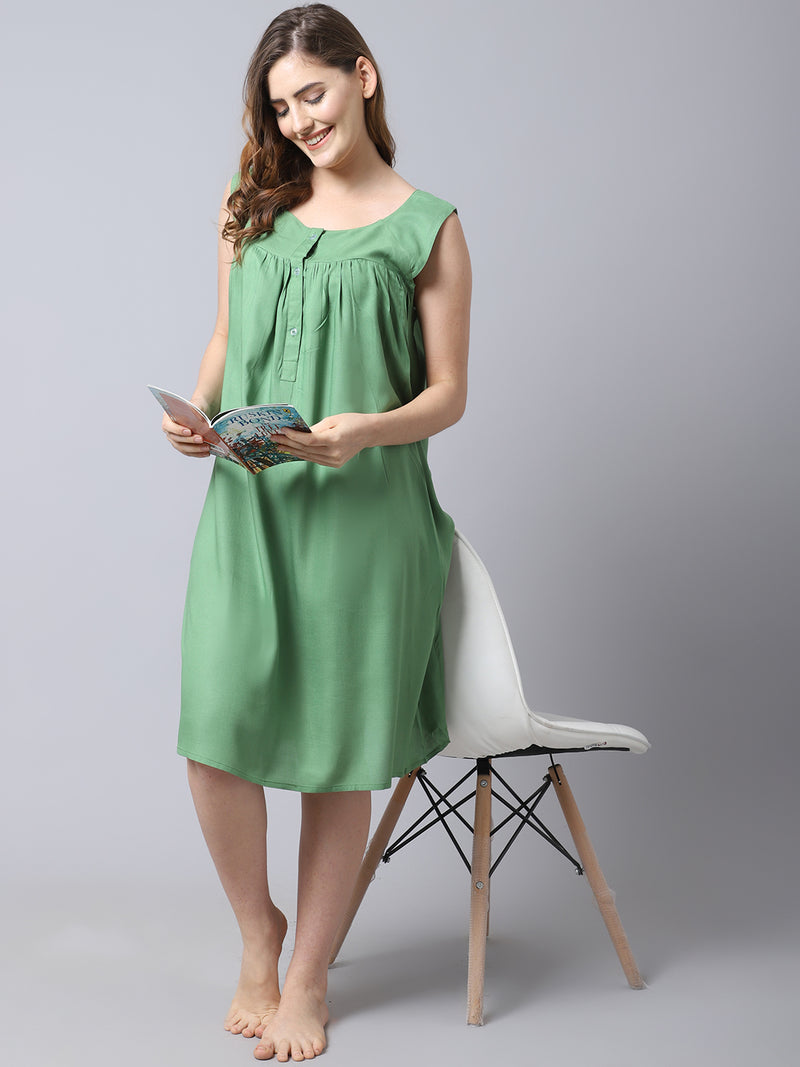 Women's Rayon Solid Night Dress with Front Buttons - Green