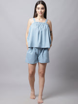 Women's Cotton Night Suit Top and Shorts Set -Blue