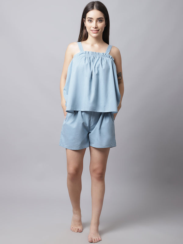 Cotton Night Suit Top and Shorts Set - Blue