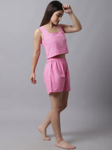 Women's Cotton Night Suit Top and Shorts-Set - Pink