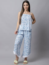 Blue Women's Cotton Printed Shoulder Straps Night Suit by Shararat
