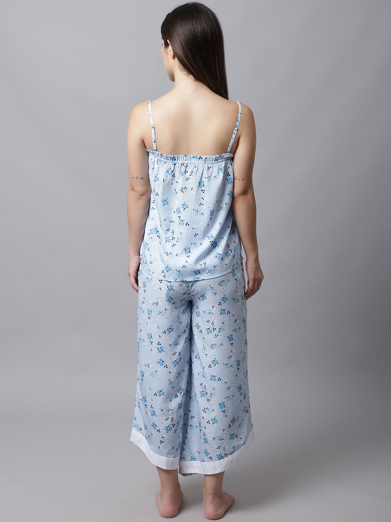 Blue Women's Cotton Printed Shoulder Straps Night Suit by Shararat