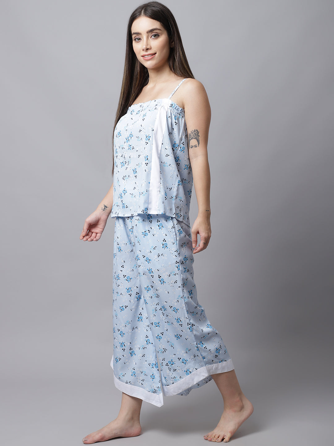 Blue - Jacquard Cotton Top & Pyjama Night Suit Set 08