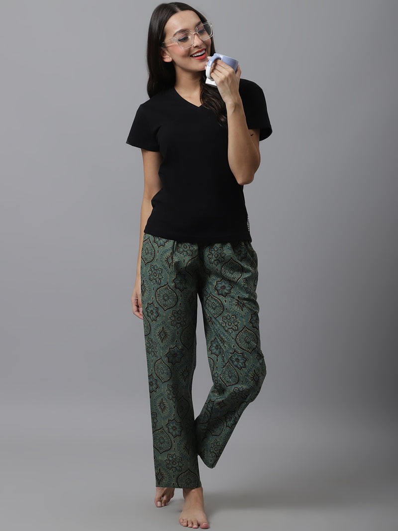 Women's Green Floral Cotton Pyjama / Lounge Pants - Green
