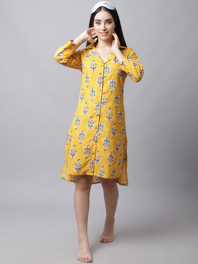 Women's Printed Knee Length Sleepshirt/ Night Shirt Dress - Yellow