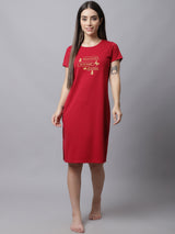 Women's Cotton Printed Knee Length Sleepshirt/ Lounge T-shirt - Red