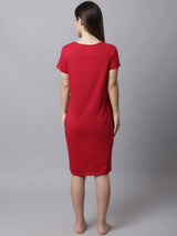 Women's Cotton Printed Knee Length Sleepshirt/ Lounge T-shirt - Red