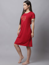 Women's Cotton Printed Knee Length Sleepshirt/ Lounge T-shirt - Red