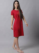 Women's Cotton Printed Knee Length Sleepshirt/ Lounge T-shirt - Red