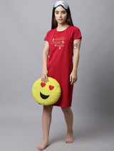 Women's Cotton Printed Knee Length Sleepshirt/ Lounge T-shirt - Red