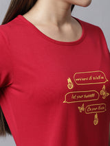 Women's Cotton Printed Knee Length Sleepshirt/ Lounge T-shirt - Red