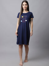 Women's Cotton Printed Knee Length Sleepshirt/ Lounge T-shirt - Blue