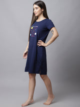 Women's Cotton Printed Knee Length Sleepshirt/ Lounge T-shirt - Blue