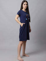 Women's Cotton Printed Knee Length Sleepshirt/ Lounge T-shirt - Blue